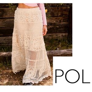 POL Cream Crochet Boho Tiered Elastic Waist Lined Flared Maxi Skirt OSFM NWT